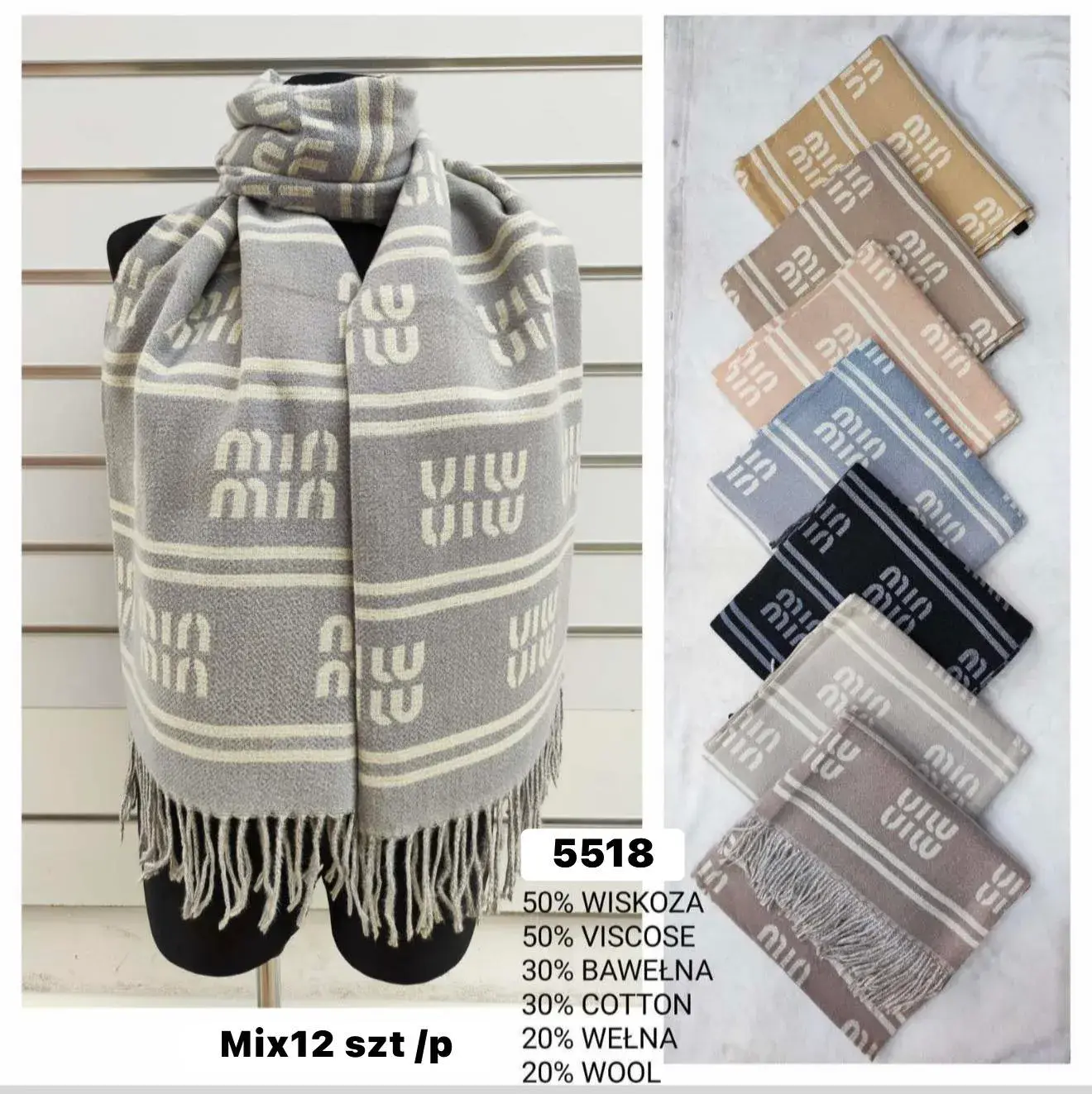 Szaliki damskie 50% wiskoza 30% bawełna 20% wełna Mix 12 szt