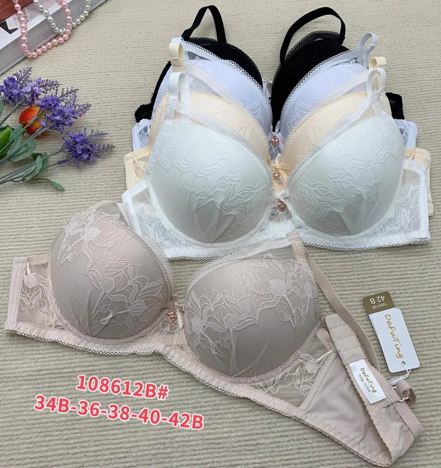 Biustonosz damski koronkowy 34B-42B beżowy/czarny/biały