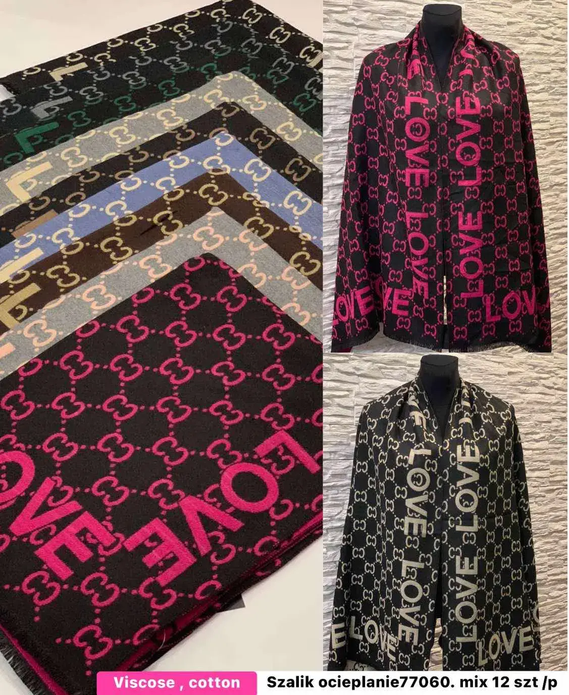Szaliki damskie wzór GG i LOVE, viscose cotton, mix 12 szt