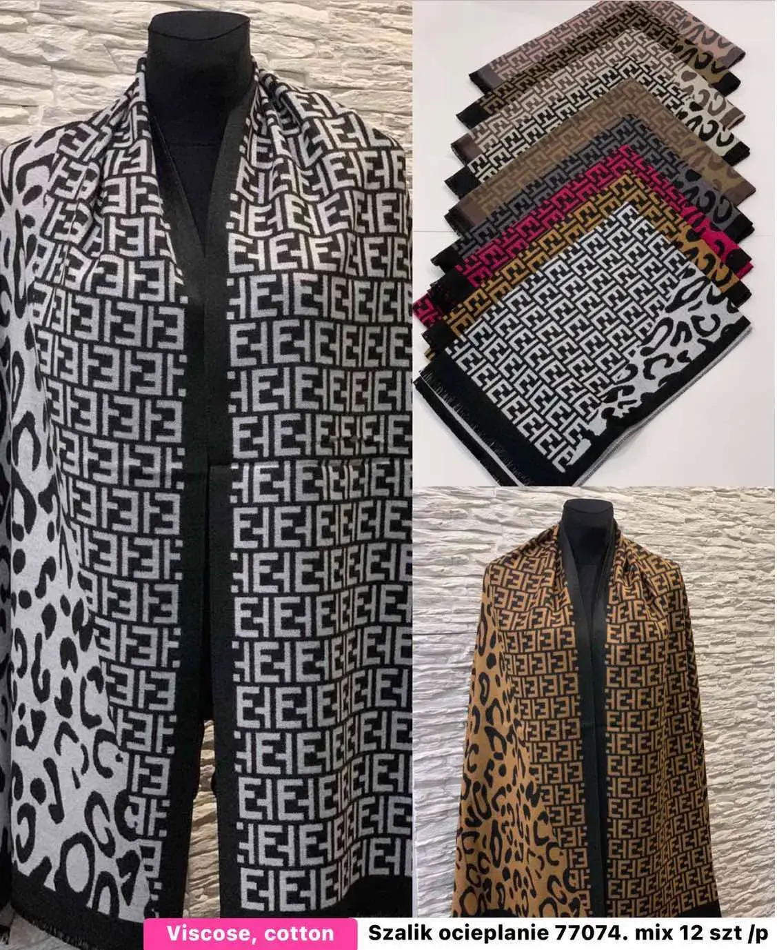 Szaliki damskie wzorzyste viscose cotton, mix 12 szt
