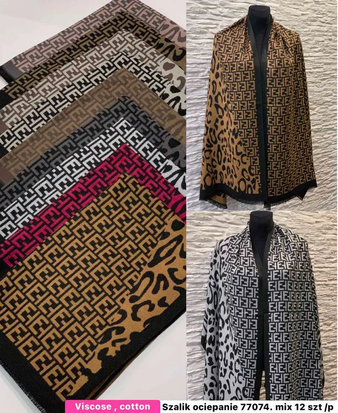 Szaliki damskie wzorzyste viscose cotton 12 szt/op
