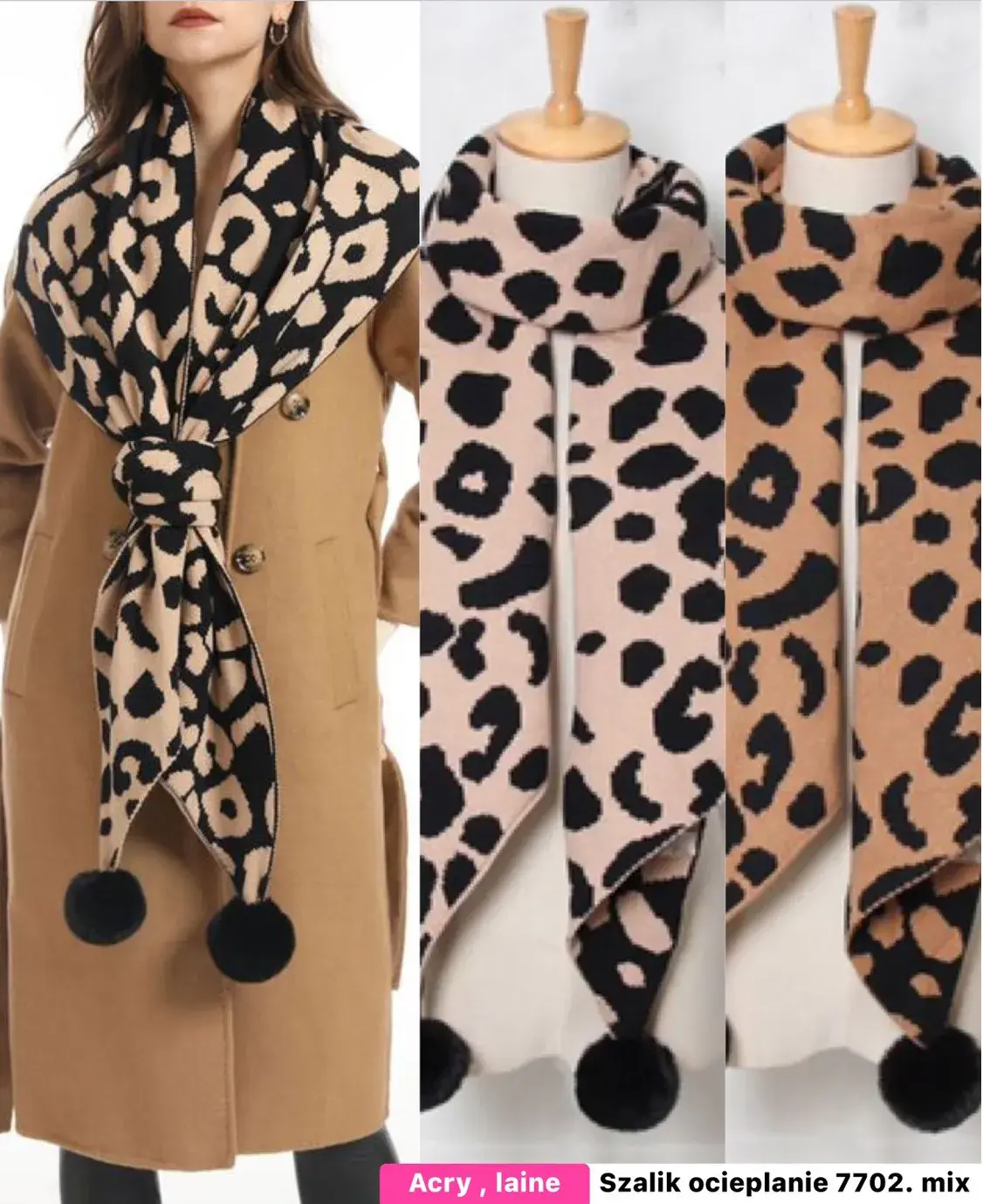 Szaliki damskie akrylowe z wzorem leopard 3 kolory z pomponami