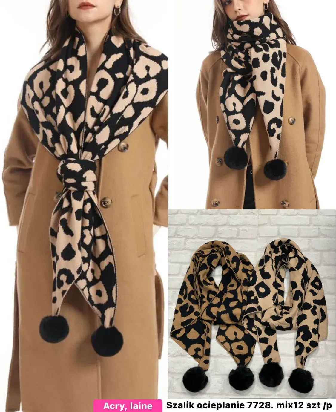 Szaliki damskie ociepiane leopard wzór 772 mix 2 szt