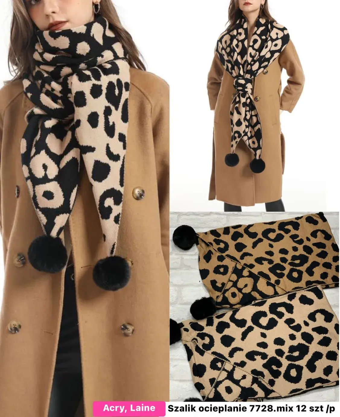 Szal damski Acry, leopard wzór 772 mix 12 szt