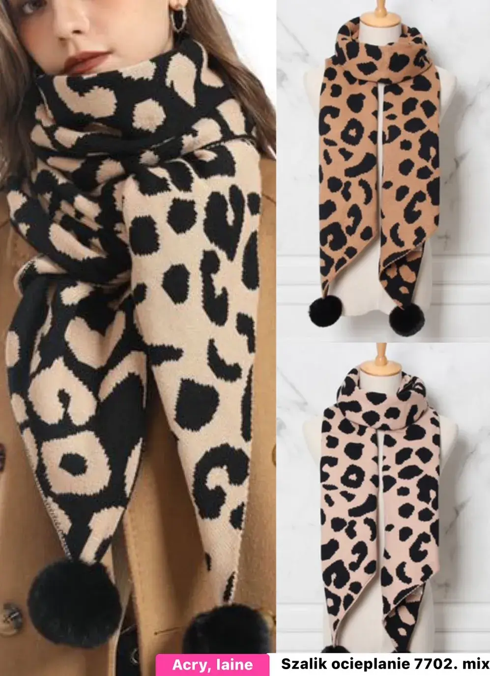 Szaliki damskie ociepiane leopart wzór 7702 mix 2kol