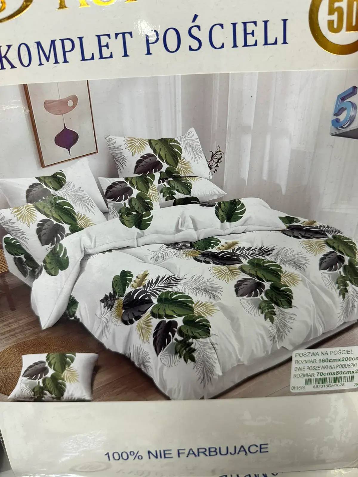 Komplet Pościeli 3cz 160/200 Liście Zielone/Białe