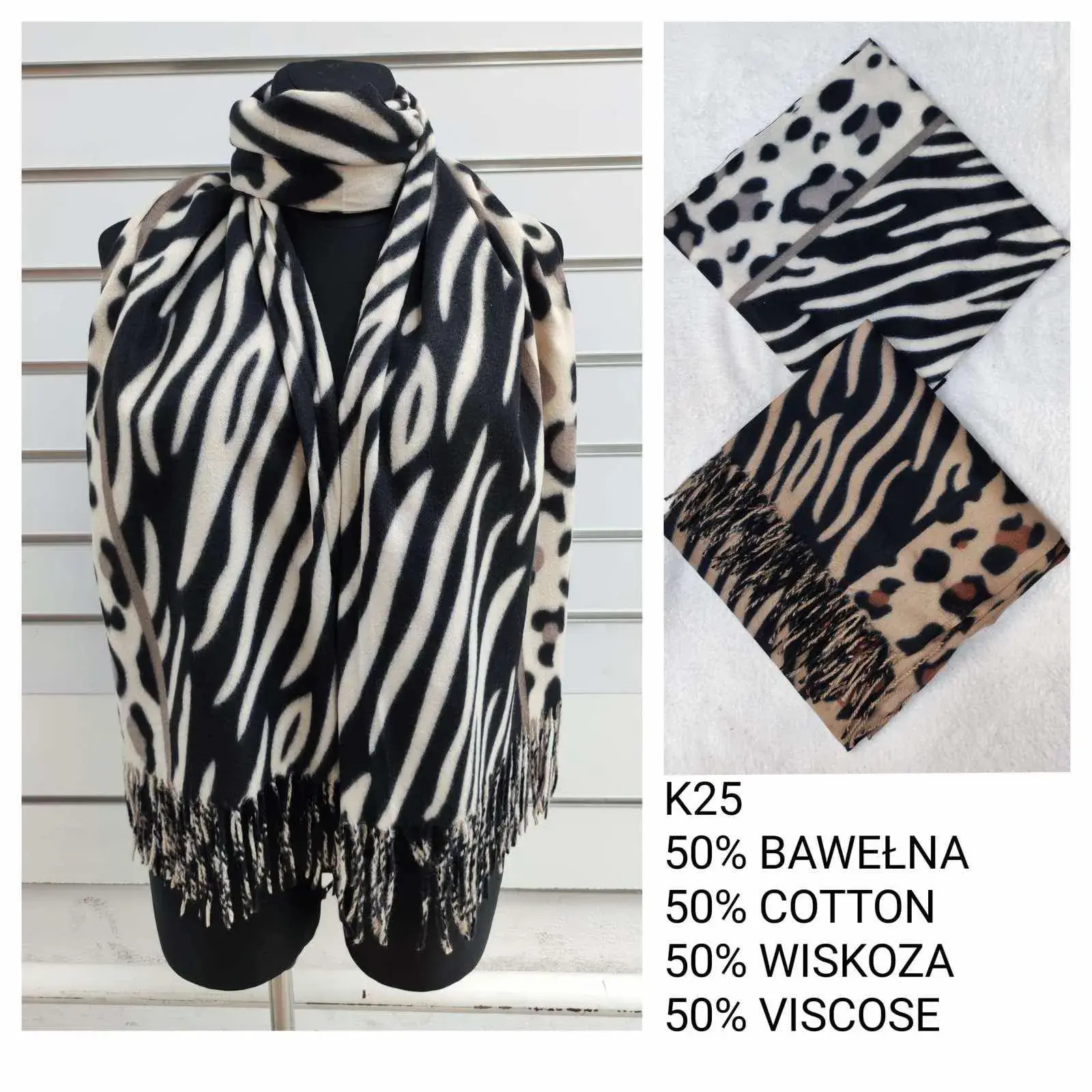 Szaliki damskie zebry 50% bawełna 50% wiskoza K25