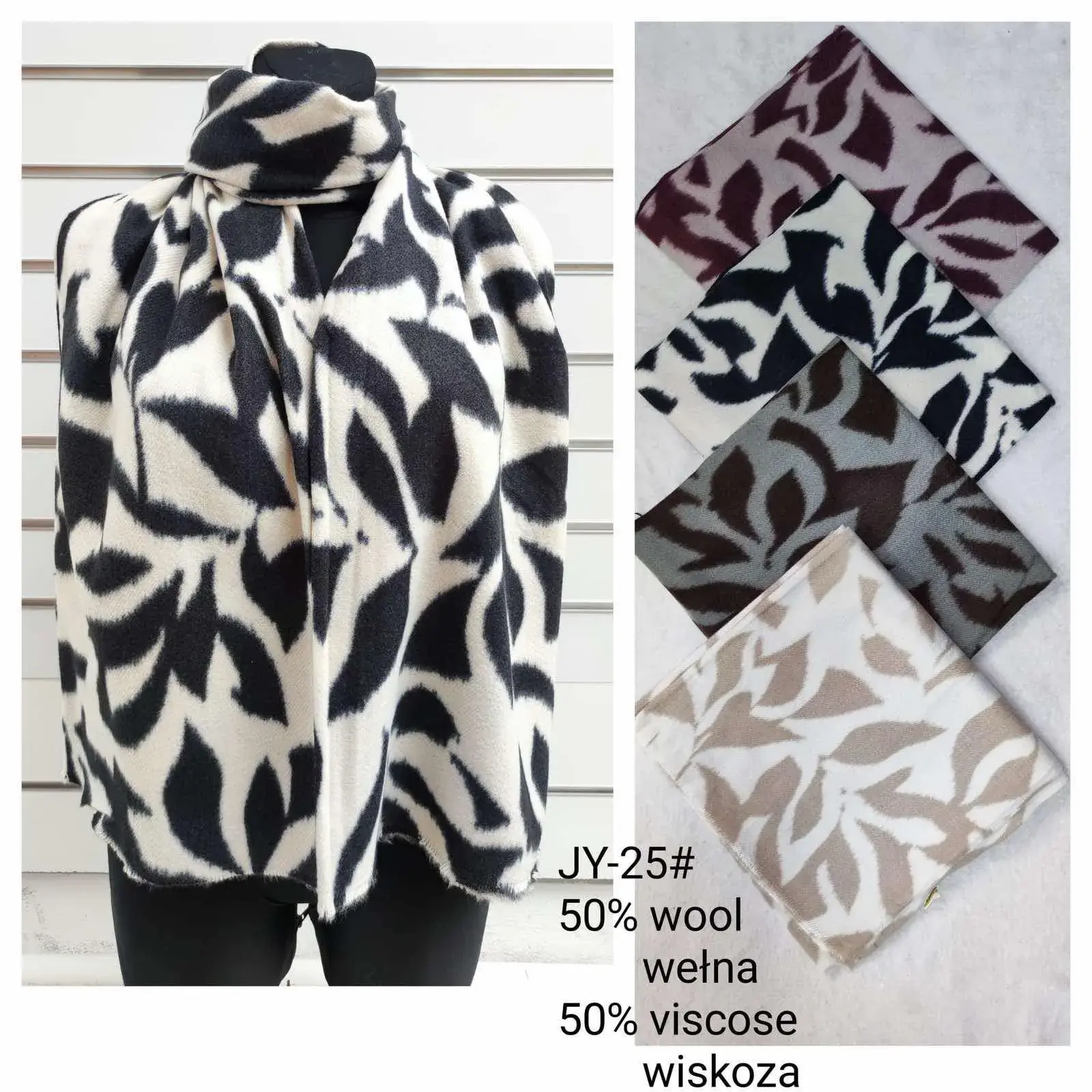 Szaliki damskie wzór liści 50% wełna 50% wiskoza JY-25
