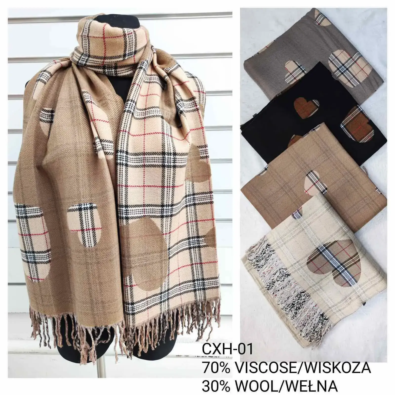 Szaliki damskie w kratę z sercami 70% wiskoza 30% wełna