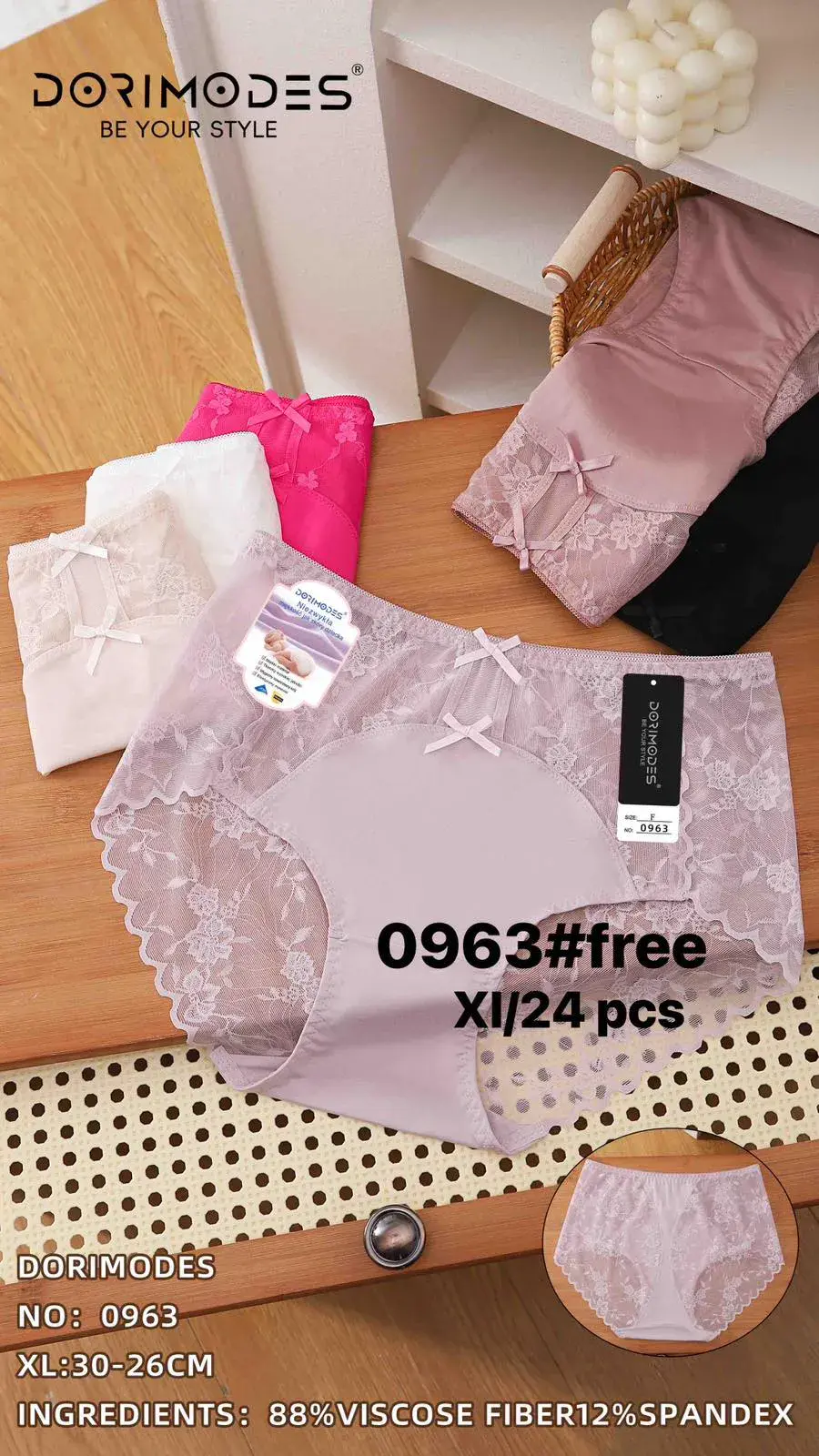 Majtki damskie DORIMODES XL 0963 różowe z koronką