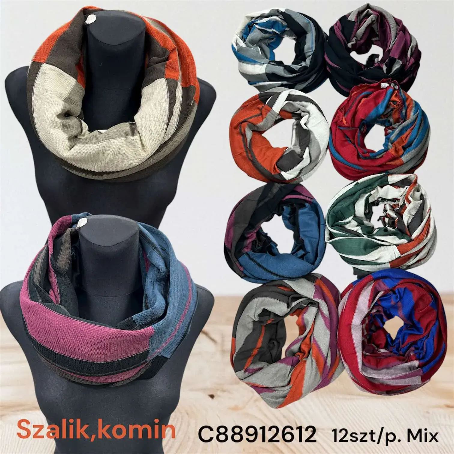 Szaliki damskie kominy mix kolorów 12 szt/op