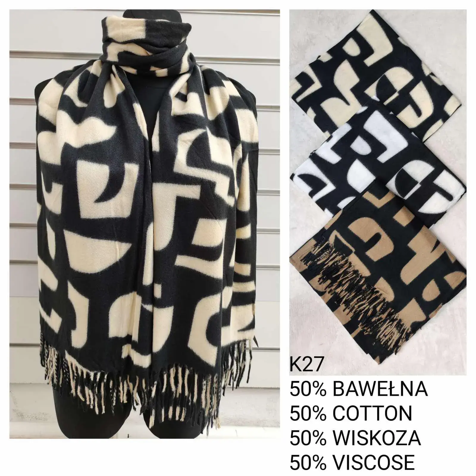Szaliki damskie wzorzyste 50/50 bawiła-wiskoza K27