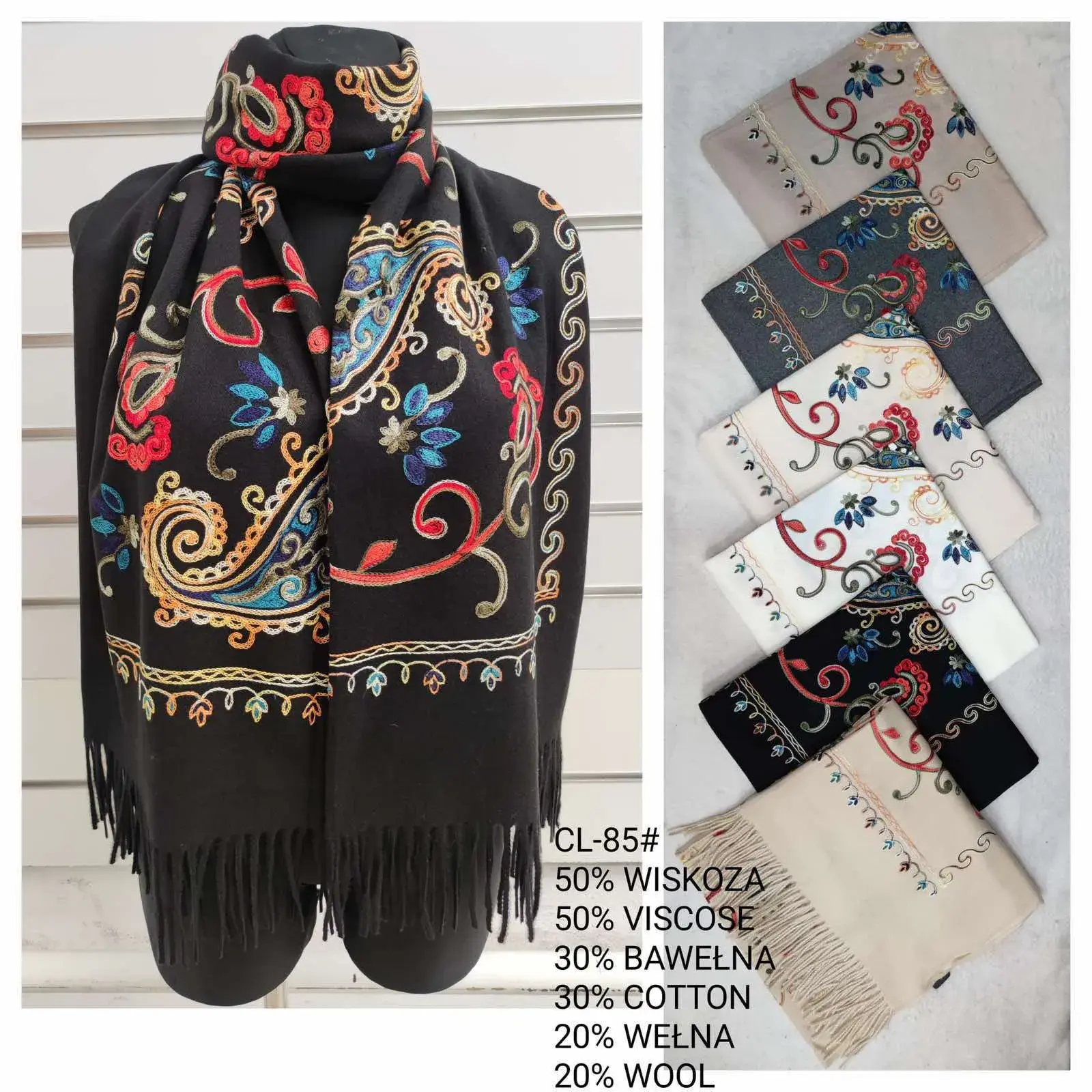 Szaliki damskie CL-85 wzorzyste 50% wiskoza
