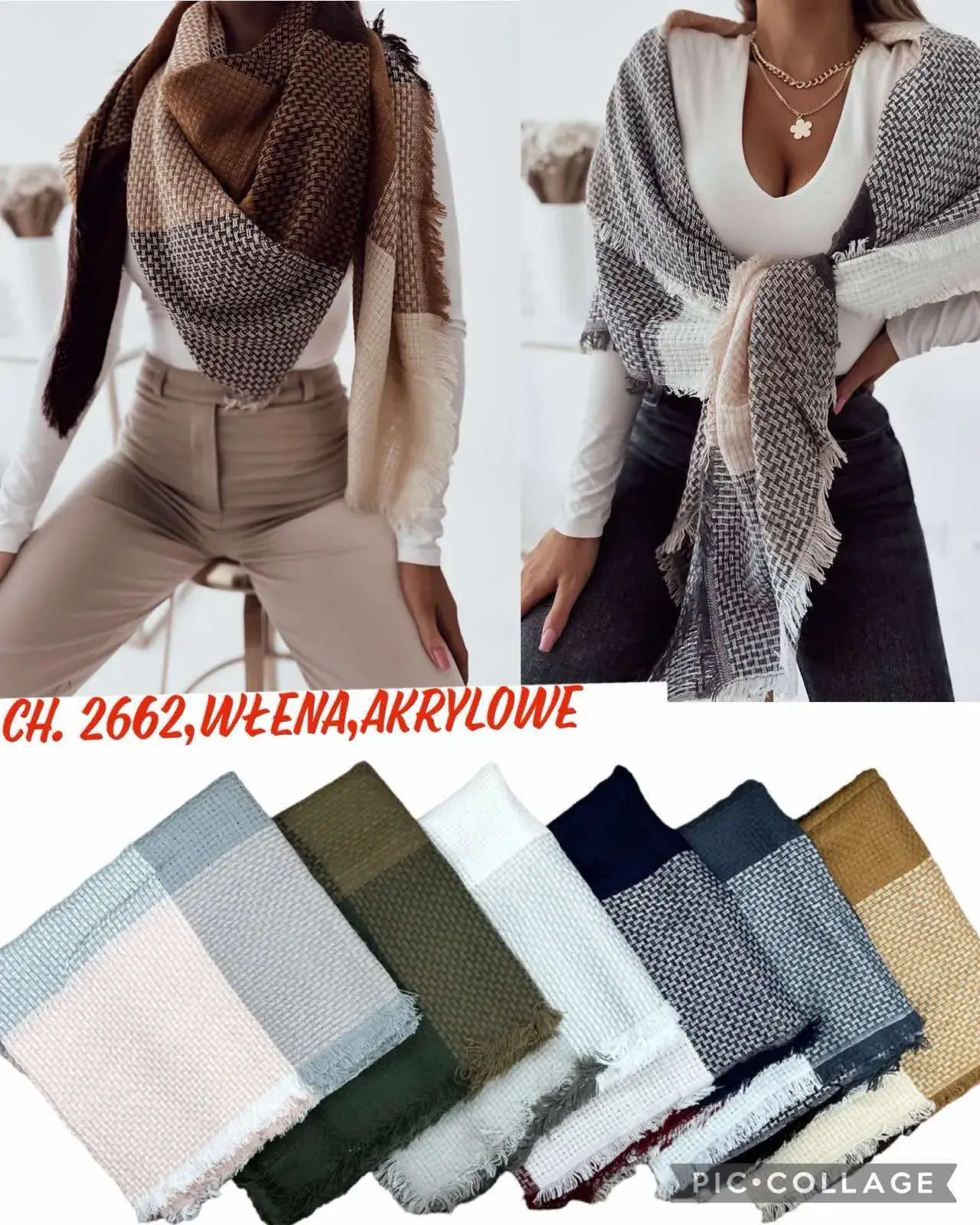 Szaliki damskie wiskoza akryl CH.2662, 12 szt