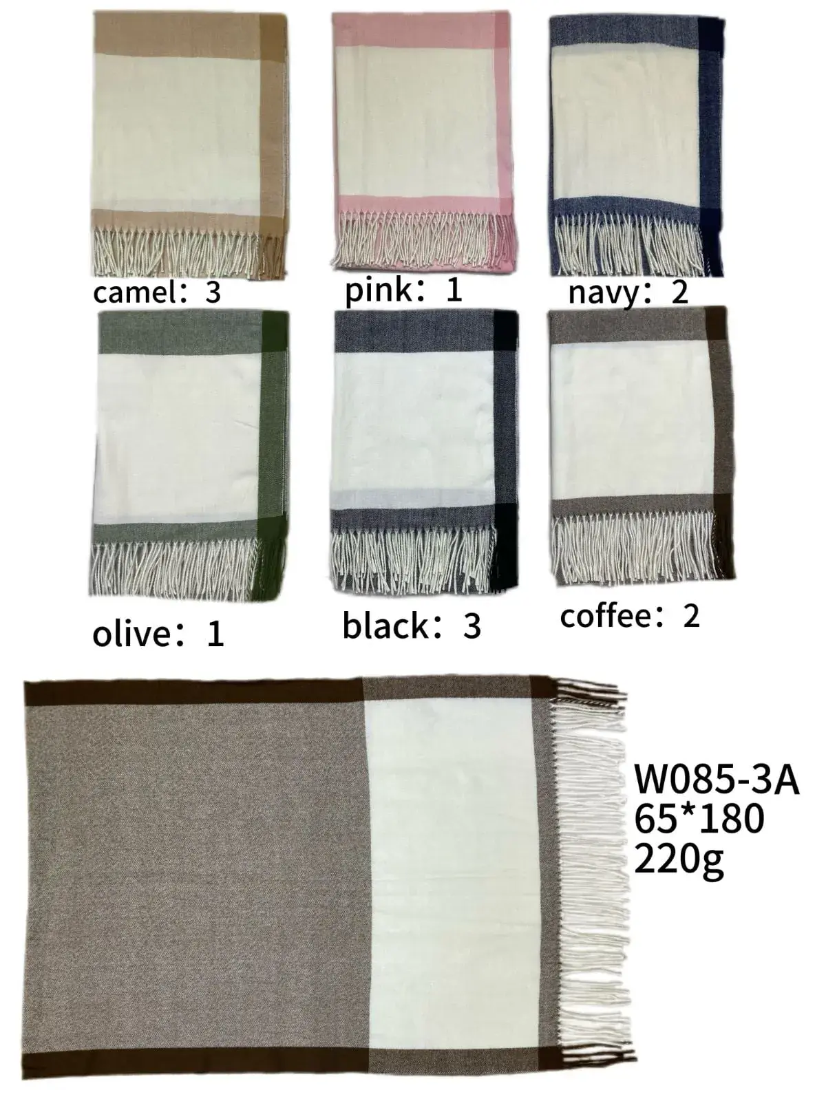 Szaliki damskie W085-3A 65x185cm 220g camel/pink/navy/olive/black/coffee
