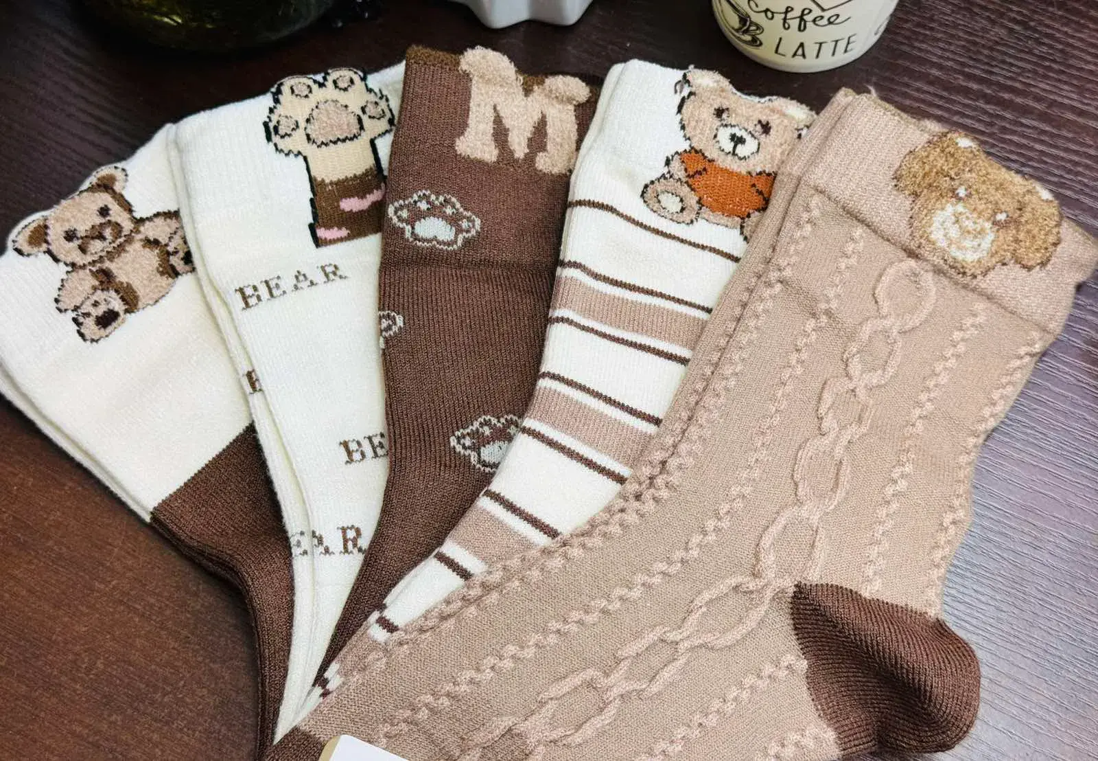 Skarpetki Damskie z Misiem Bear, Beżowo-Brązowe