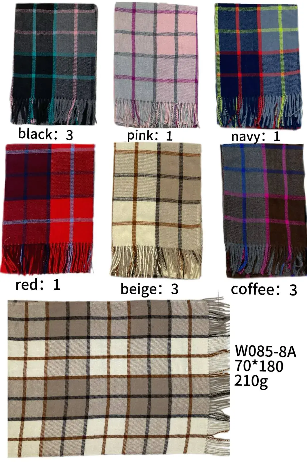 Szaliki damskie w kratę W085-8A 70x180cm 210g