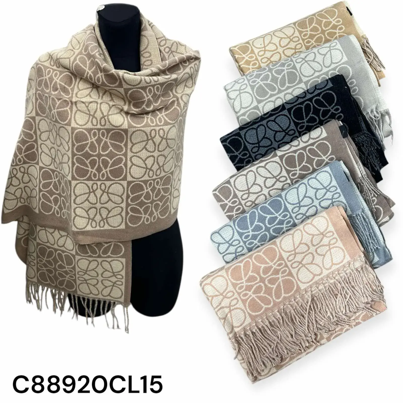 Szaliki damskie wzór kratka beżowo-szary C88920CL15