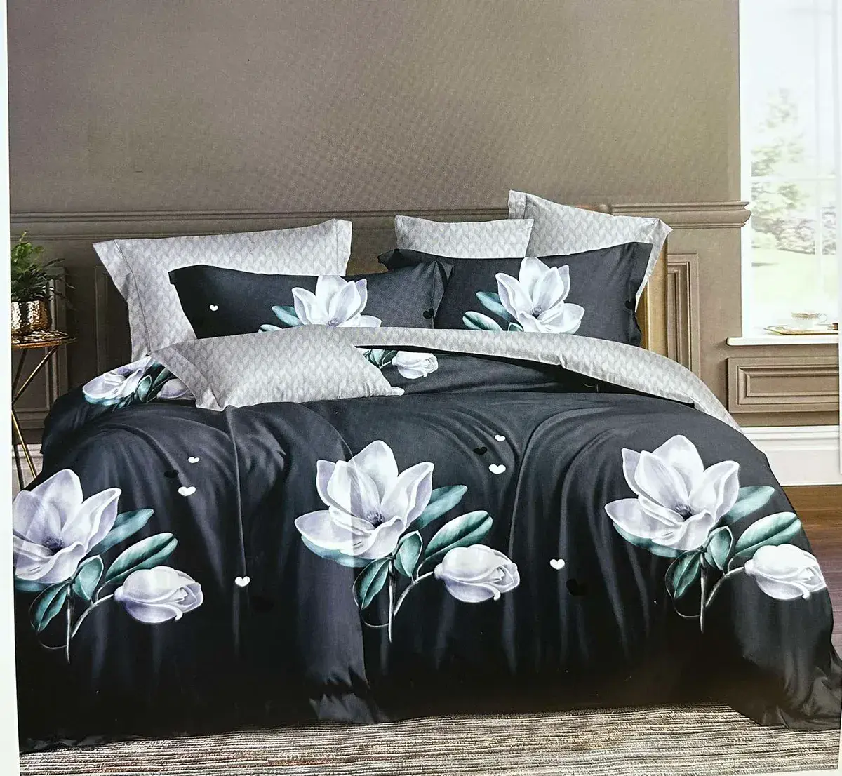 Komplet pościeli 3D 100% satyna bawełniana 200x220 cm czarny z kwiatami