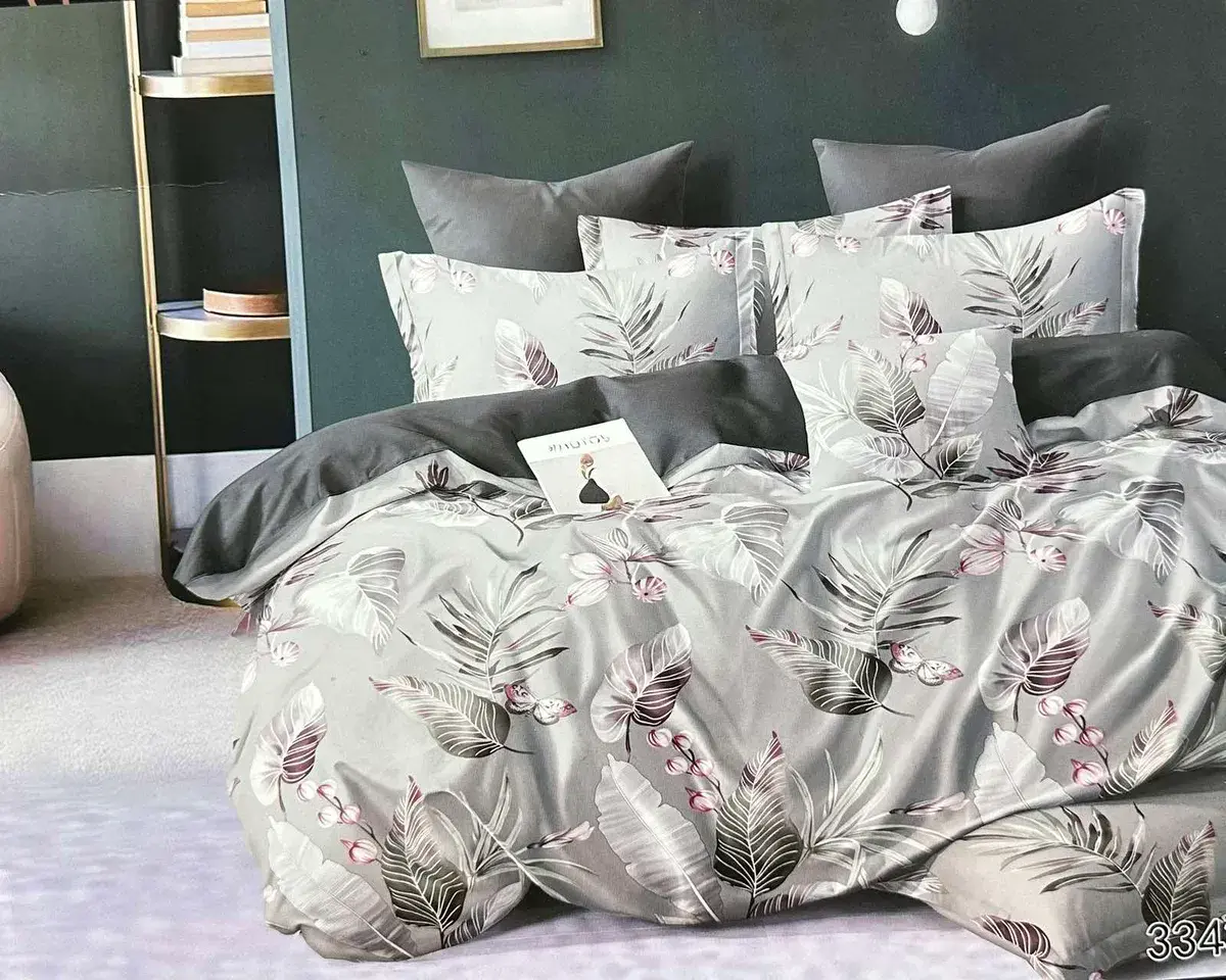 Komplet pościeli 3D 100% satyna bawełniana 200x220 szarość z liśćmi