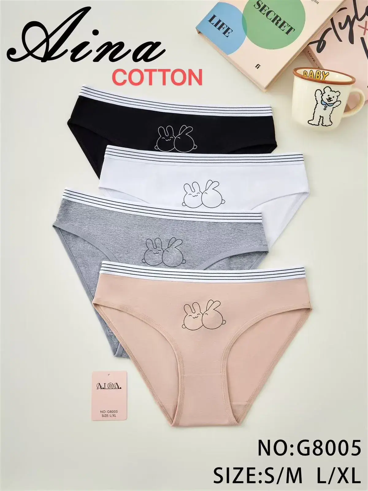 Majtki damskie Aina Cotton S/M L/XL z króliczkami 4 szt
