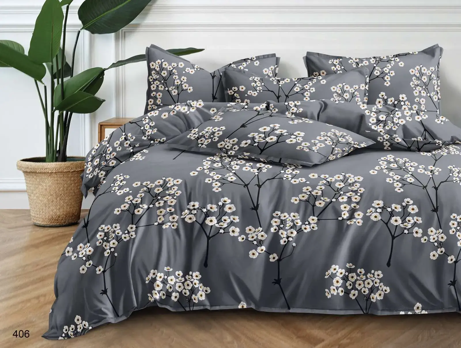 Komplet Pościel Fashion Home Satyna Bawełna 200x220cm 3cz Szary Kwiaty