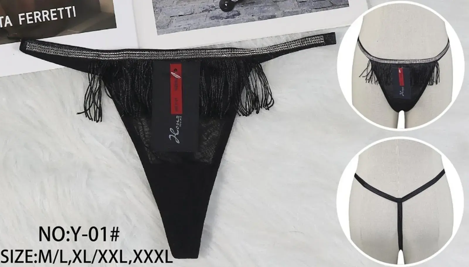 Majtki damskie czarne z frędzlami NO.Y-01 S-XXXXL