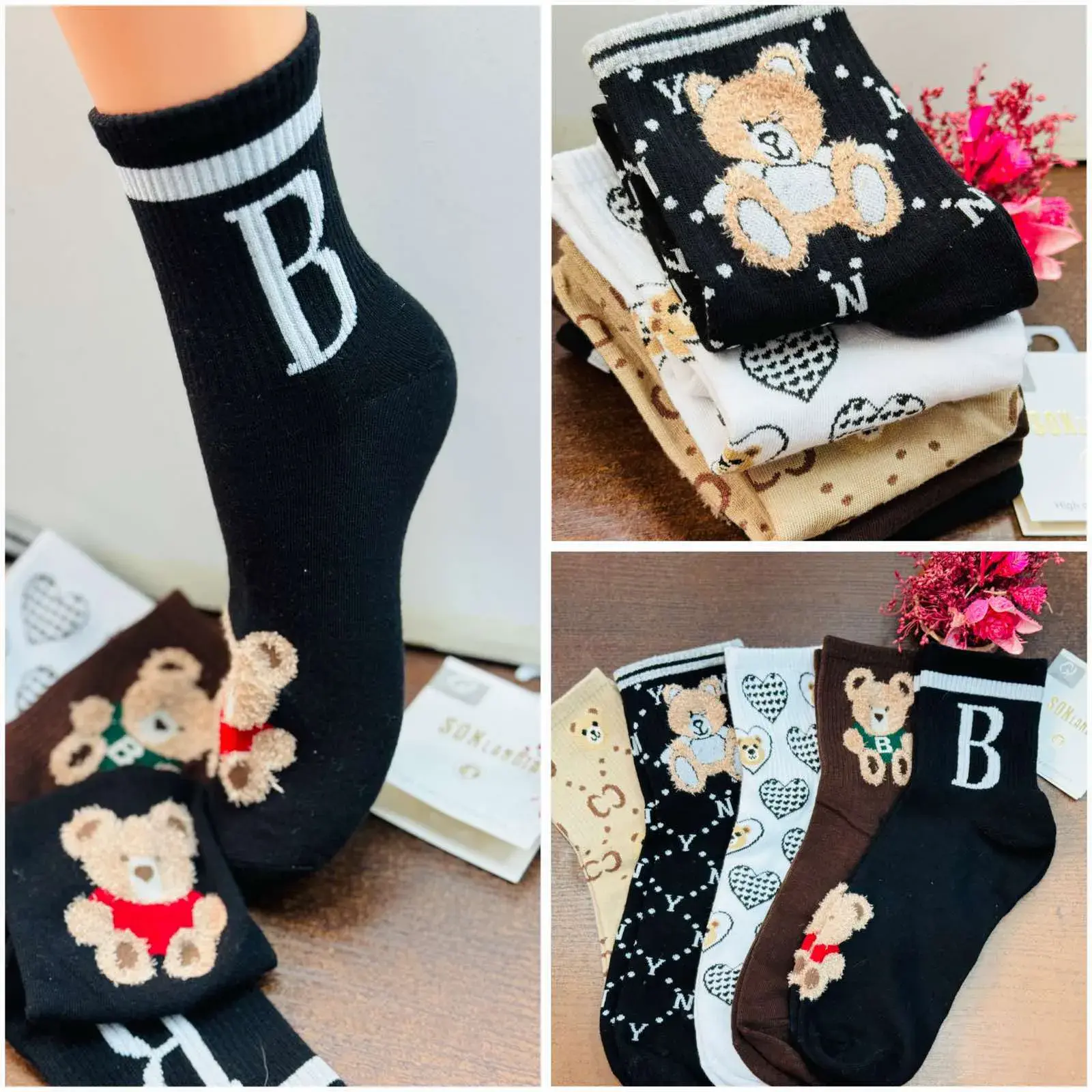 Skarpetki damskie z misiem teddy bear, czarno-białe