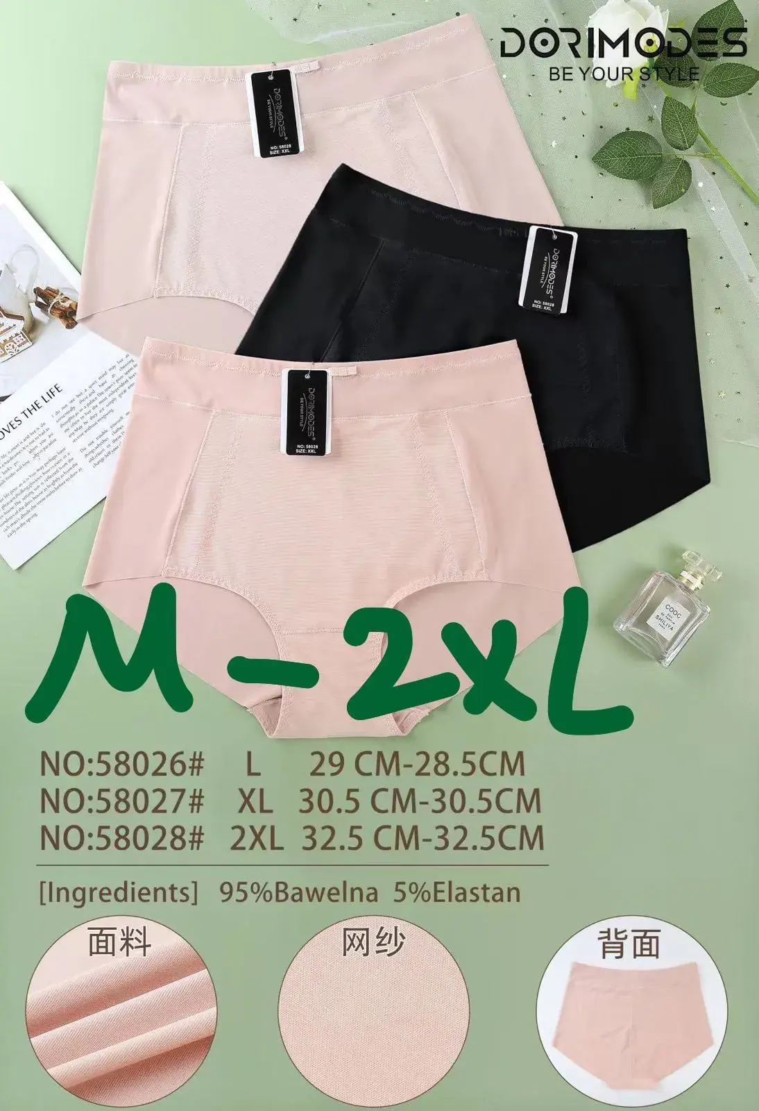 Majtki damskie M-2XL beżowe i czarne, bawełna 92%+elastan
