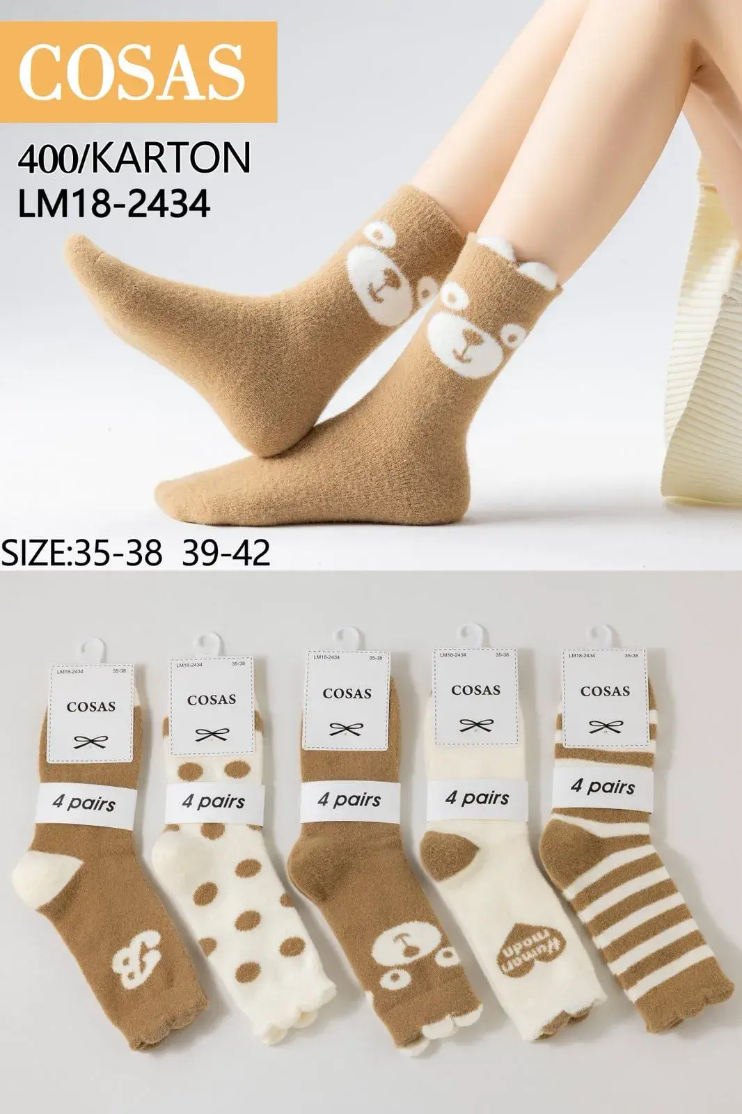 Skarpetki damskie COSASAS LM18-2434 beżowe z misiem