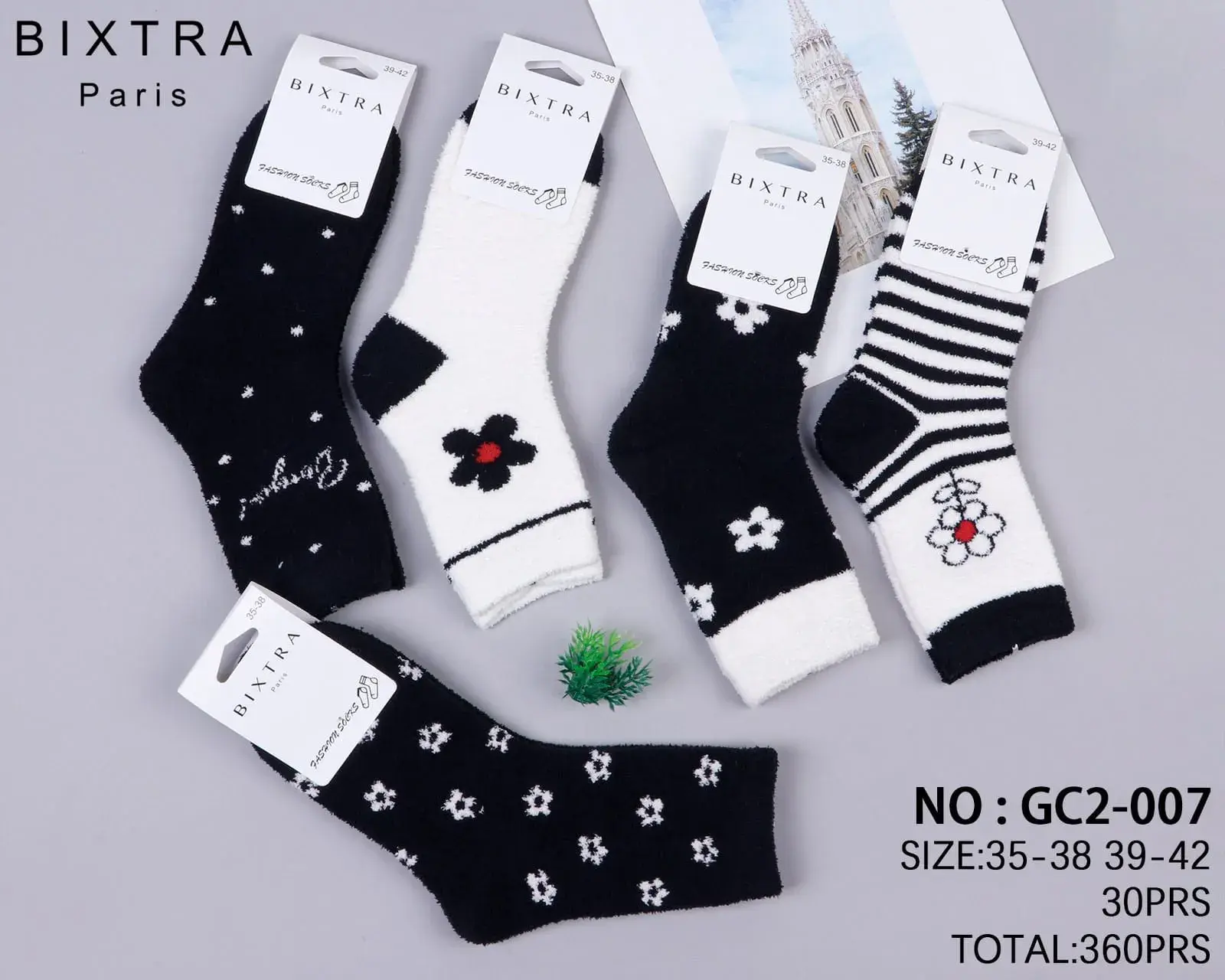 Skarpetki damskie Bixtra ciepłe czarne białe kwiatowe 36-38/39-42