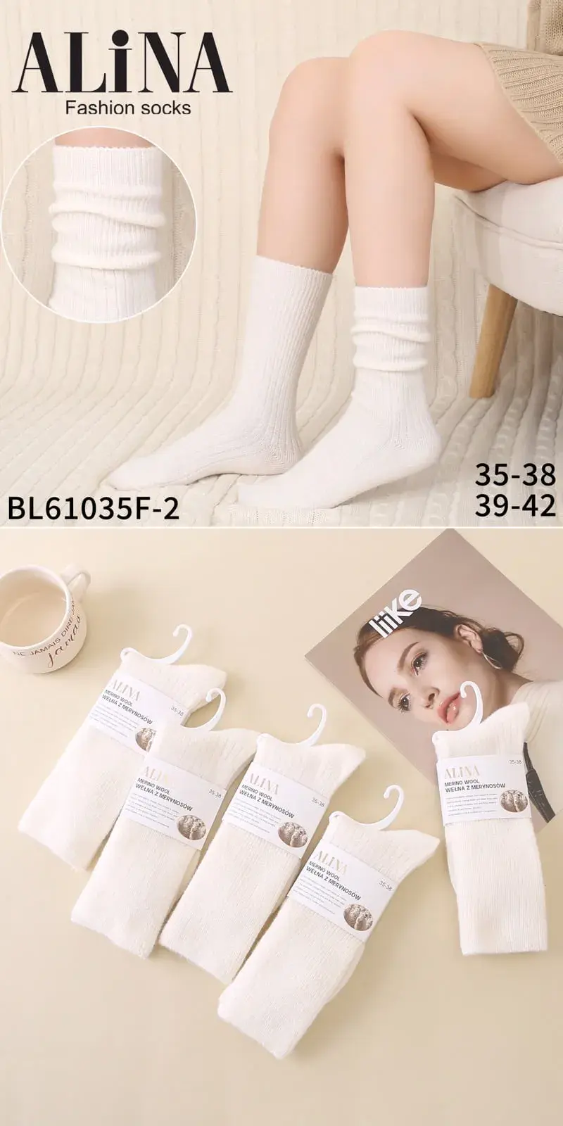 Skarpetki damskie Alina BLG1035-F 35-38/39-42 białe