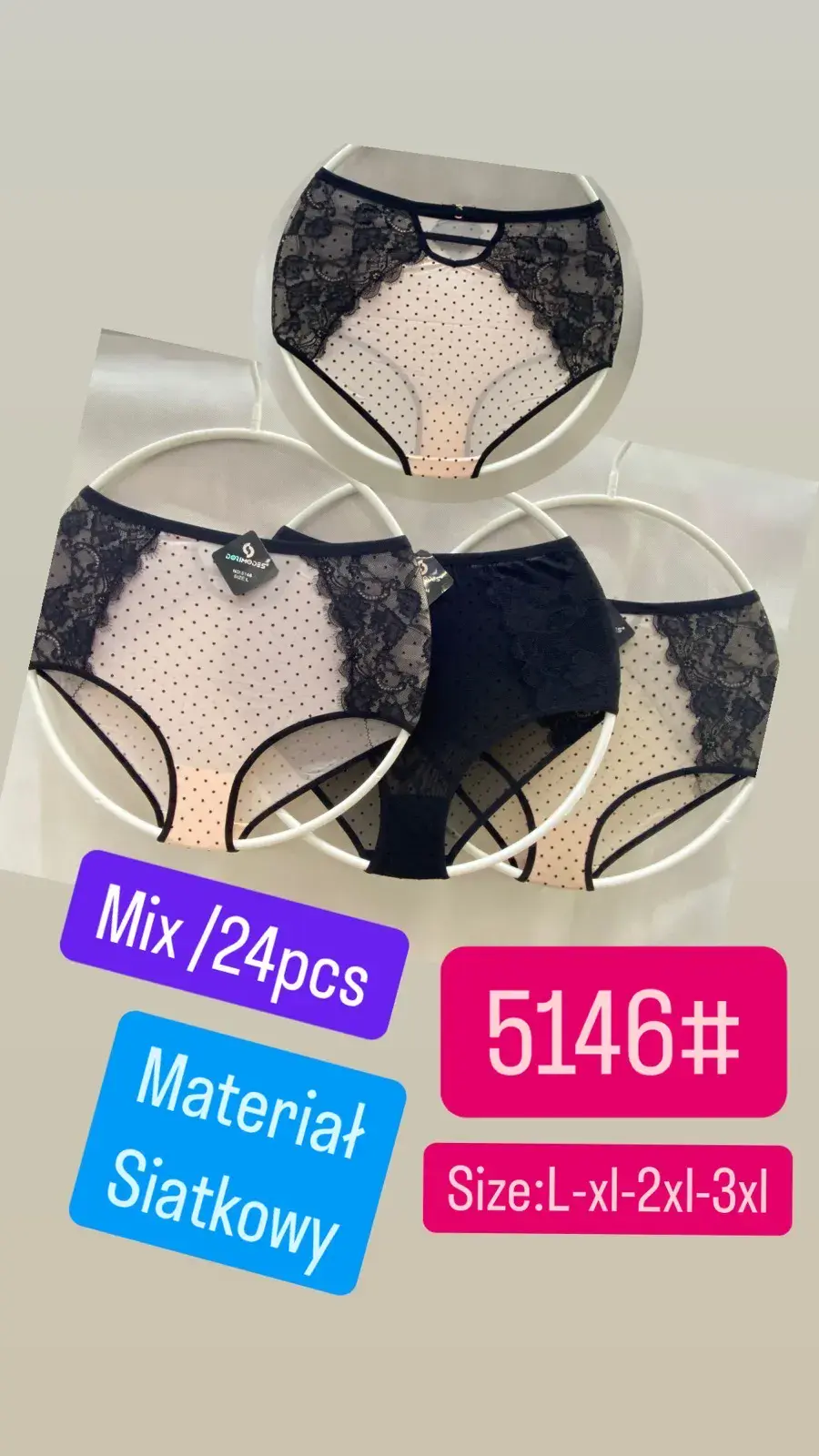 Majtki damskie mix S-L XL XXL siatkowe koronka 6szt