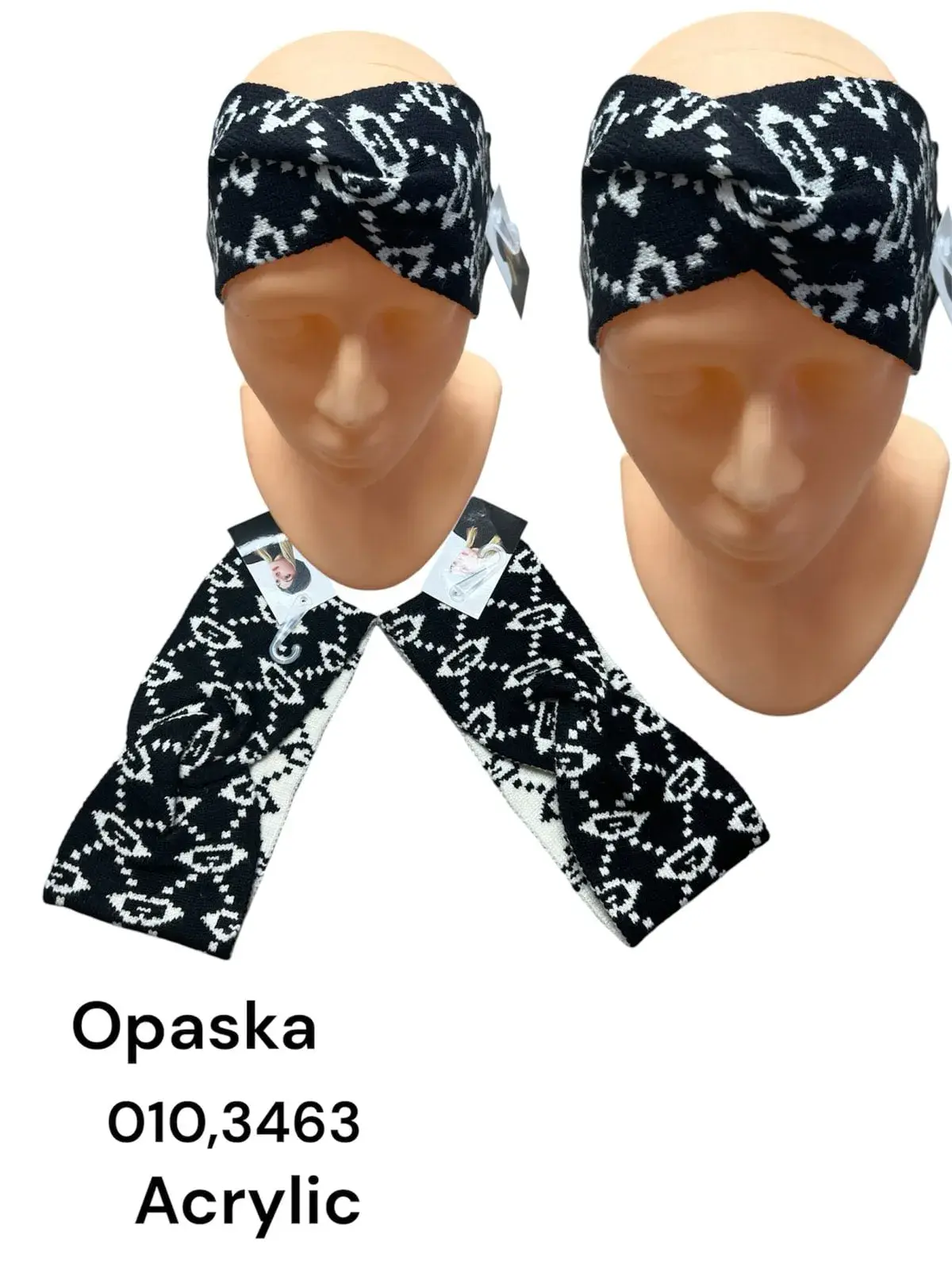 Opaska damska czarna z białym wzorem 010346