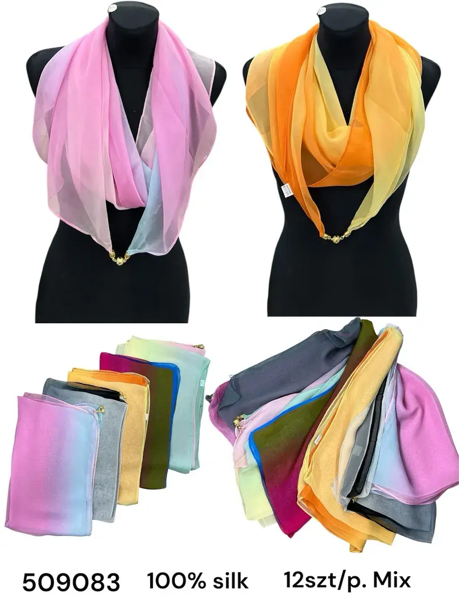Szalik damski jedwabny mix kolorów 100% silk 12 sztuk