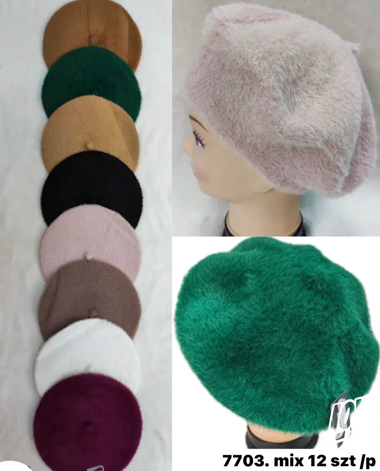 Czapki damskie futrzane berety mix 12 szt 7703
