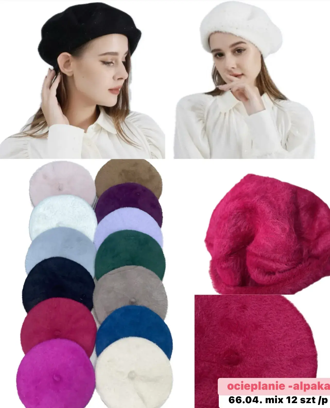Czapki damskie beanie ocieplane alpaka 66-70cm, 12 szt