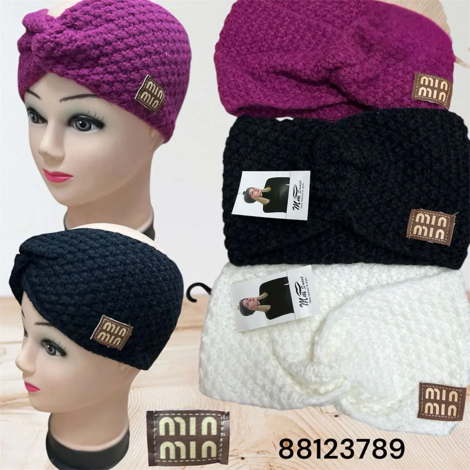 Opaski damskie dzianinowe turban Miya fioletowa, beżowa, czarna, biała
