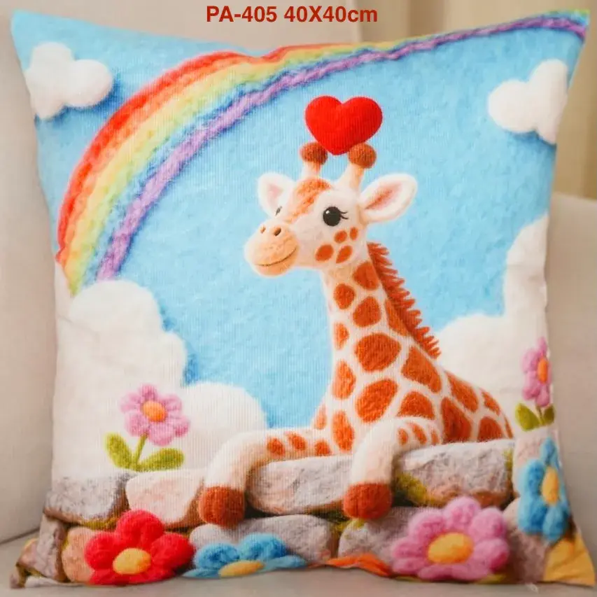 Poduszka dekoracyjna z żyrafą i tęczą 40x40 cm kolorowa