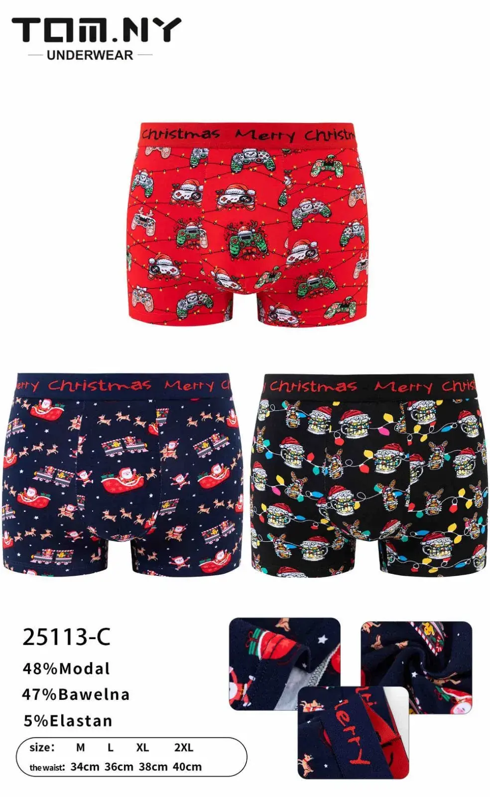 Bokserki męskie TOM.NY świąteczne 48% bawełna S-L-XL