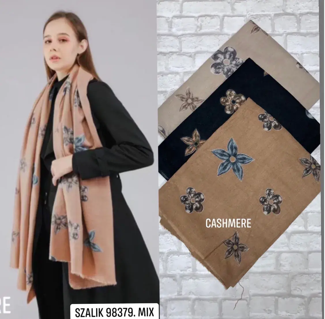 Szaliki damskie z motywem kwiatowym beżowy/czarny MIX 98379