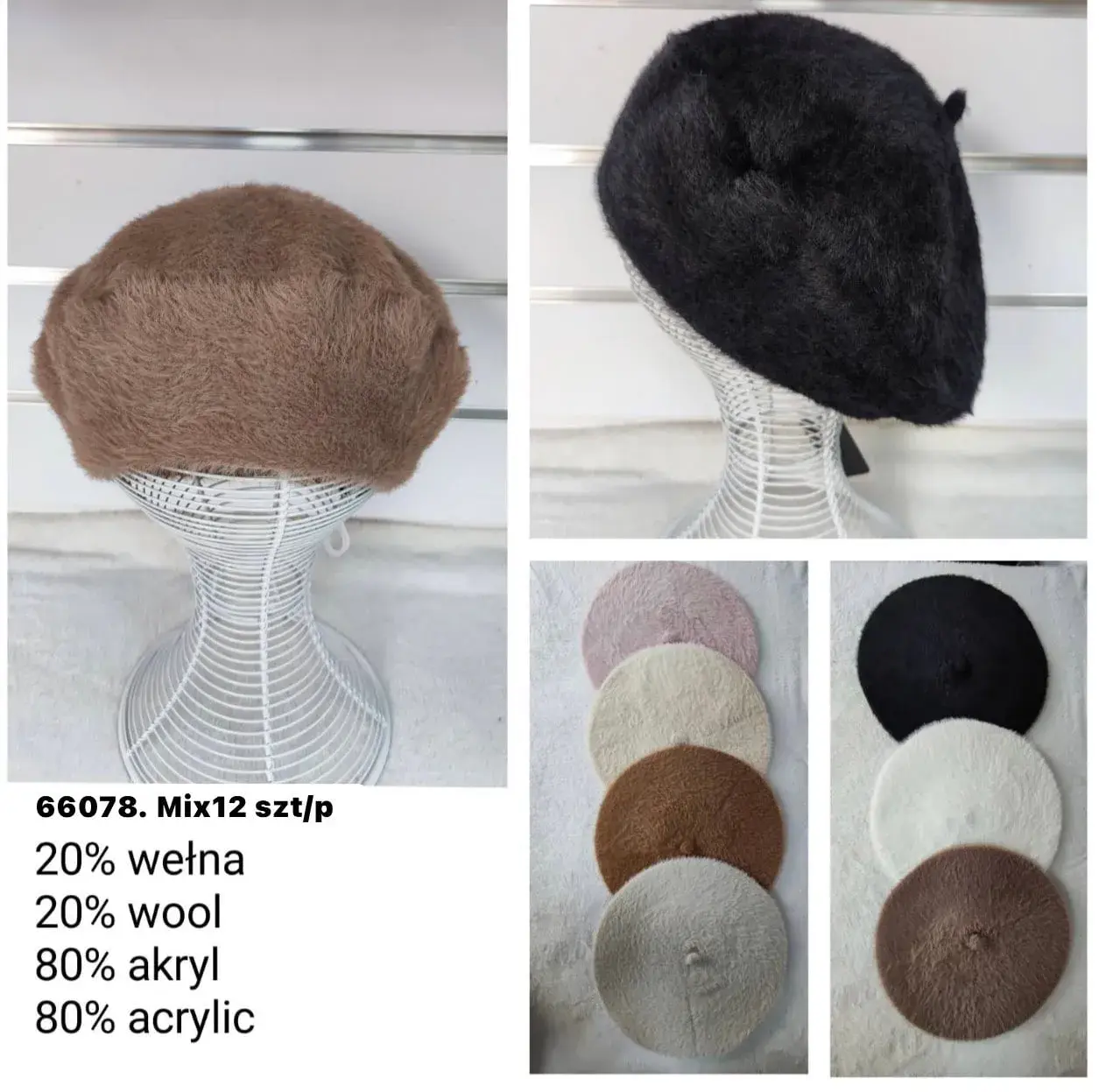 Czapki damskie berety 80% wełna 20% akryl mix 12 szt