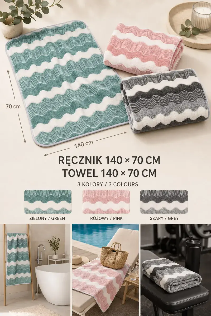 Ręcznik kąpielowy w fale 140x70 cm 3 kolory pastelowe