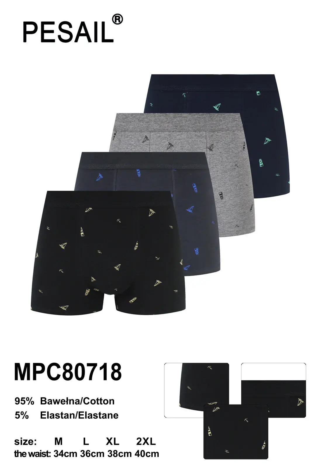 Bokserki męskie PESASAIL 4 szt. bawełna 95% S-XXL