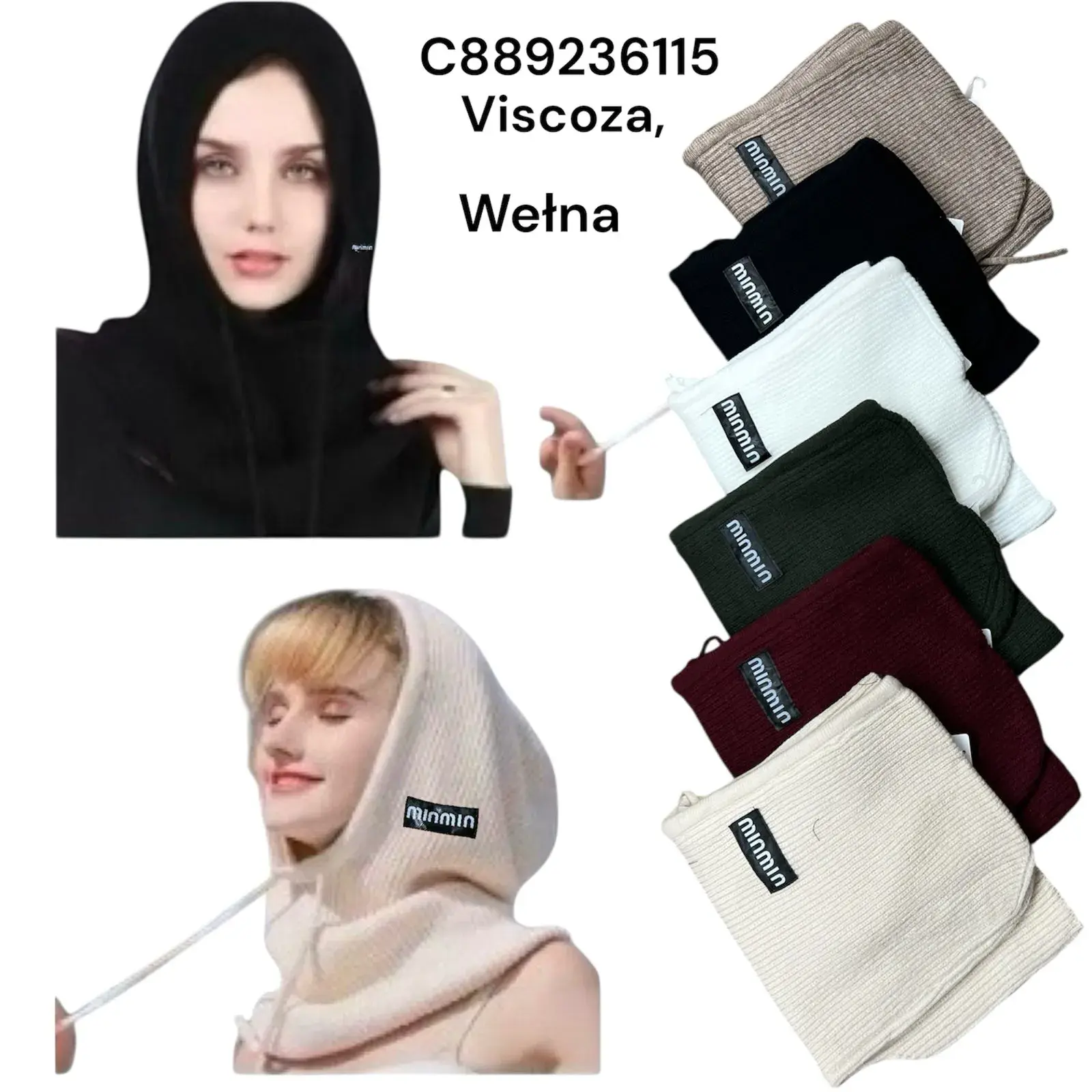 Czapki damskie kominiarki Viscose Welna multikolor