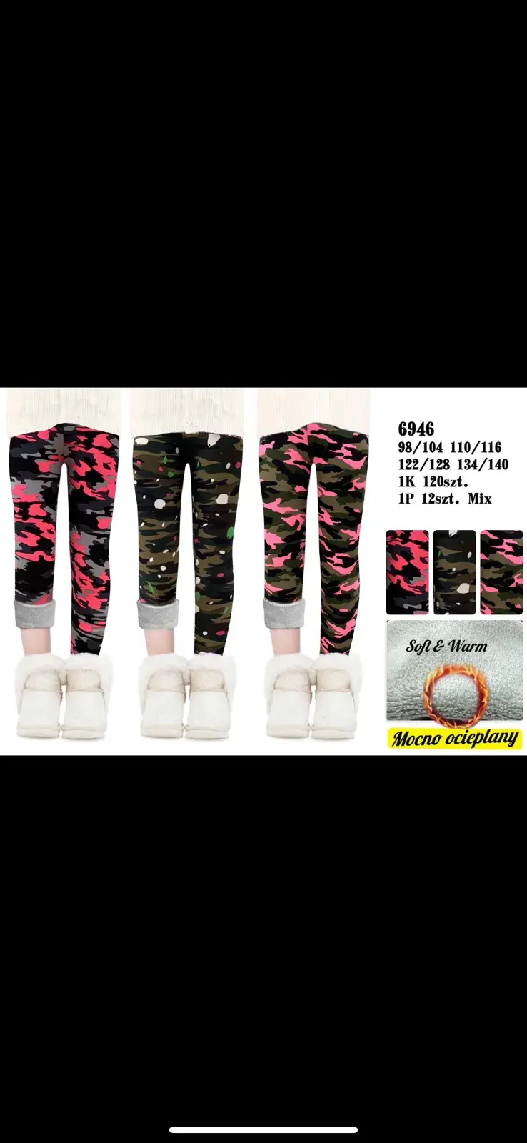 Legginsy dla dzieci 98-128 cm, wzór kamuflaż różowy/czarny