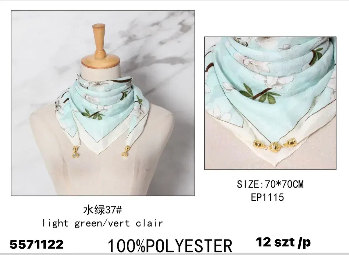 Chusta damska miętowa z kwiatami 70x70cm 100% poliester