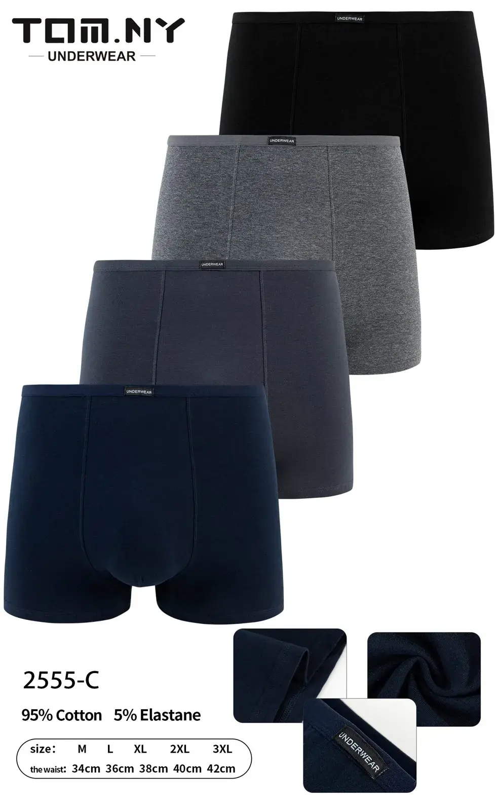 Bokserki męskie TOM.NY 3 szt. 95% bawełna S-XXL