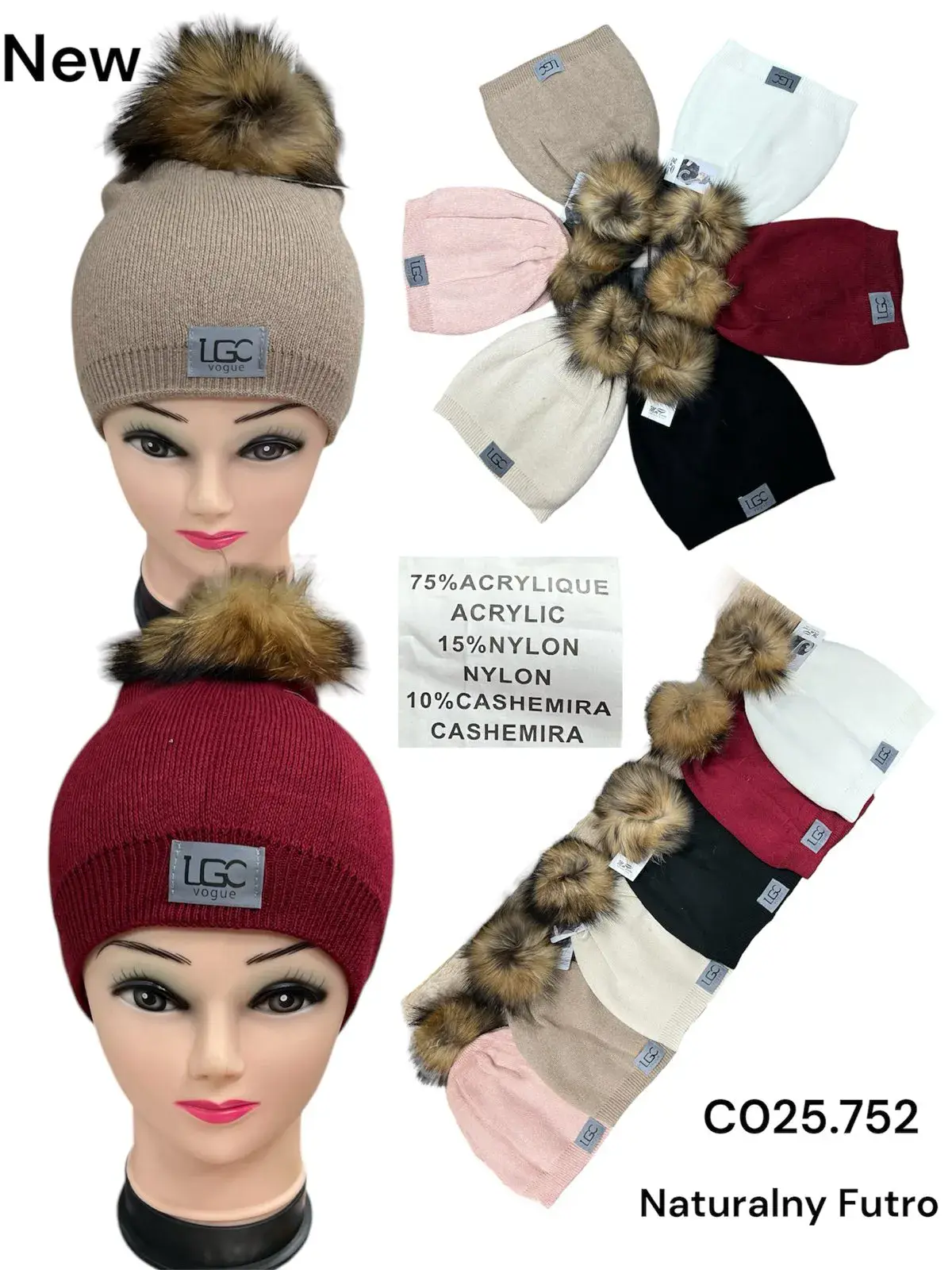 Czapki damskie z pomponem LG 75% akryl 10% nylon 15% kaszmir