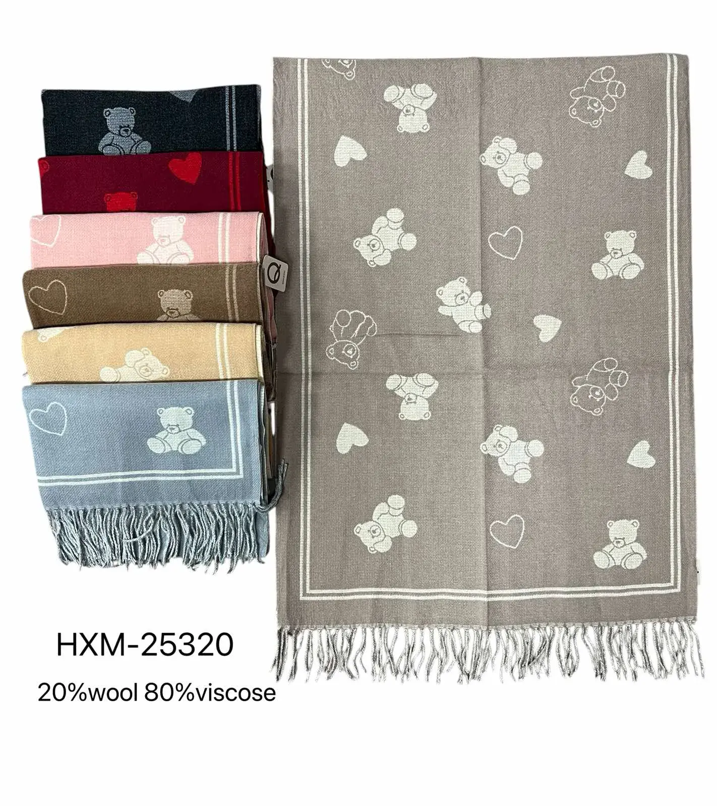 Szaliki damskie z misiem XM-25320, 20% wełna 80% wiskoza